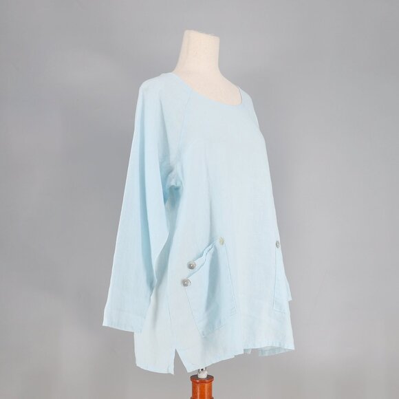 CAMILLE & CO. 100% Linen Relaxed Fit Tunic Top Button Detail Light Blue Size S - Picture 2 of 7